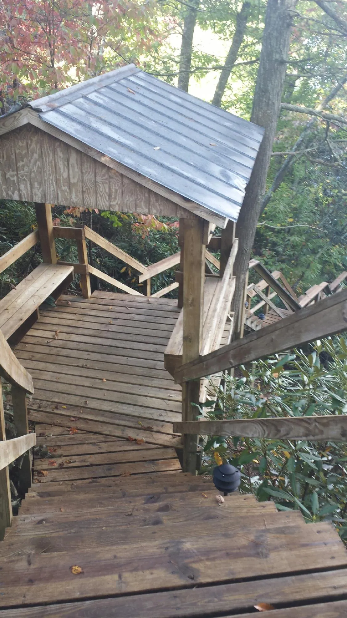Metal roofed shelter over wooden steps on a wooded walkway — Skylight Repair & Installation work by our crew in Billings